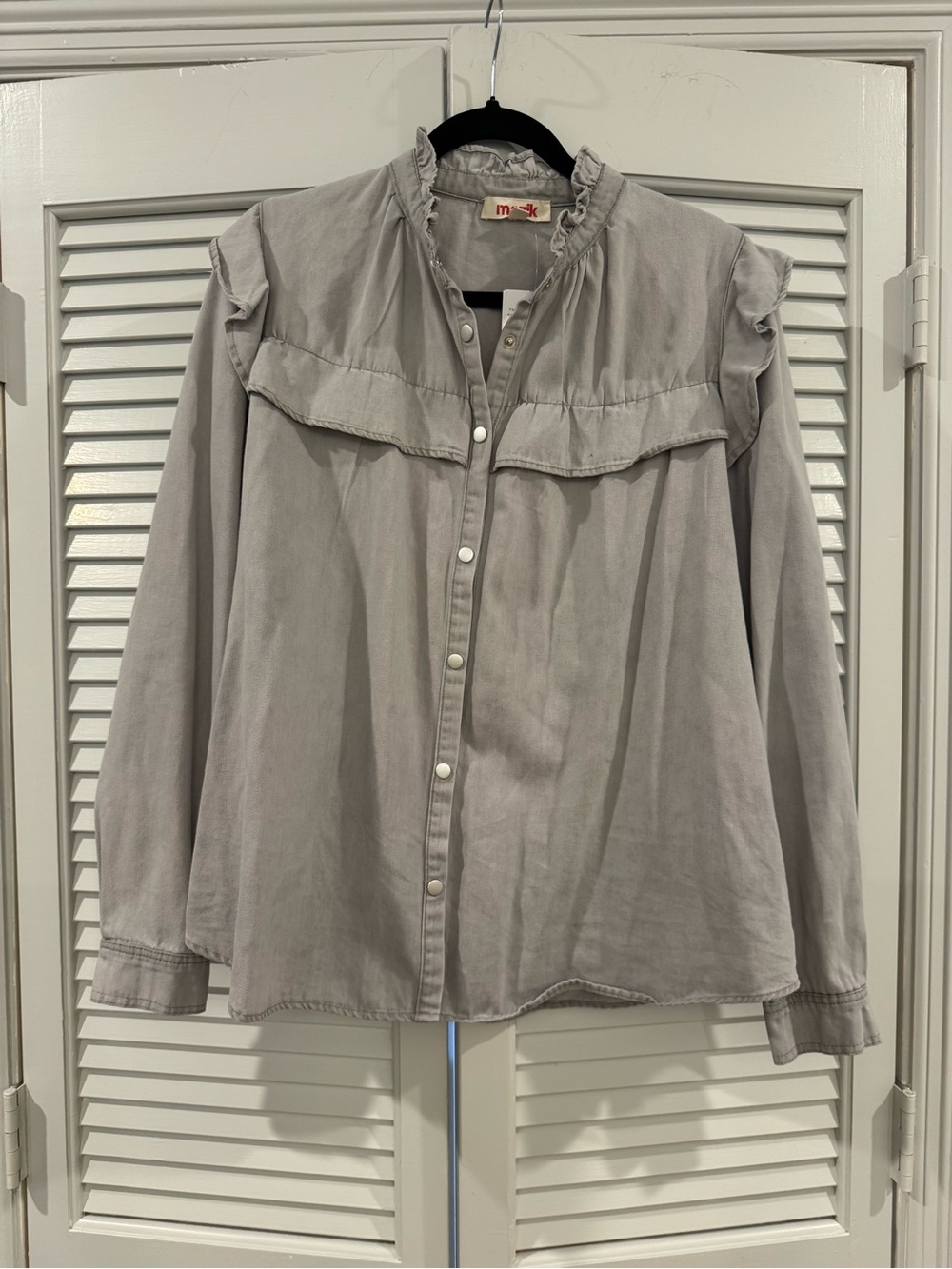 Mazik Light Gray Ruffle-Yoke Button-Down Blouse